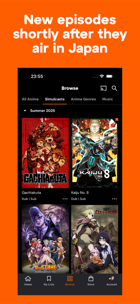 Crunchyroll app interface showing a list of simulcast anime episodes available shortly after airing in Japan