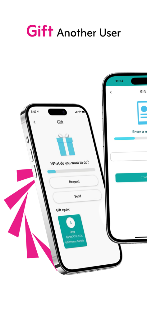 Pantalla de la aplicación móvil Zain Jo que muestra la interfaz de regalo para solicitar o enviar crédito y transferencias de datos a otros usuarios