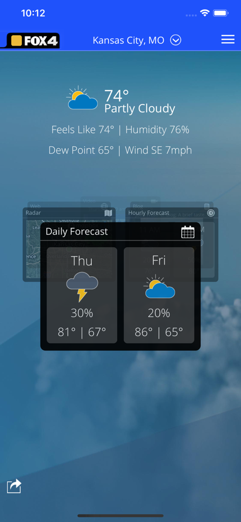 WDAF Fox 4 Kansas City Weather app interface displaying current temperature and daily forecast for Kansas City Missouri