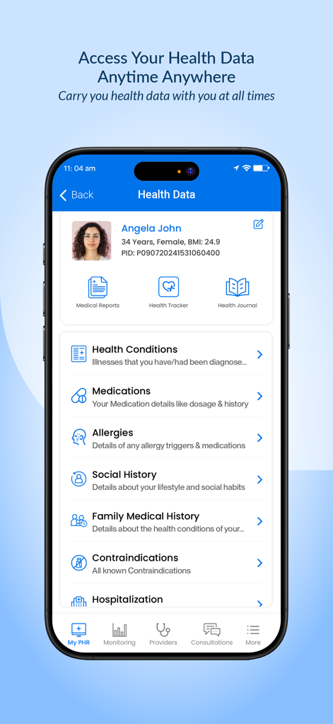ContinuousCare Health App - ContinuousCare Health App interface displaying a patient personal health record and medical history categories.