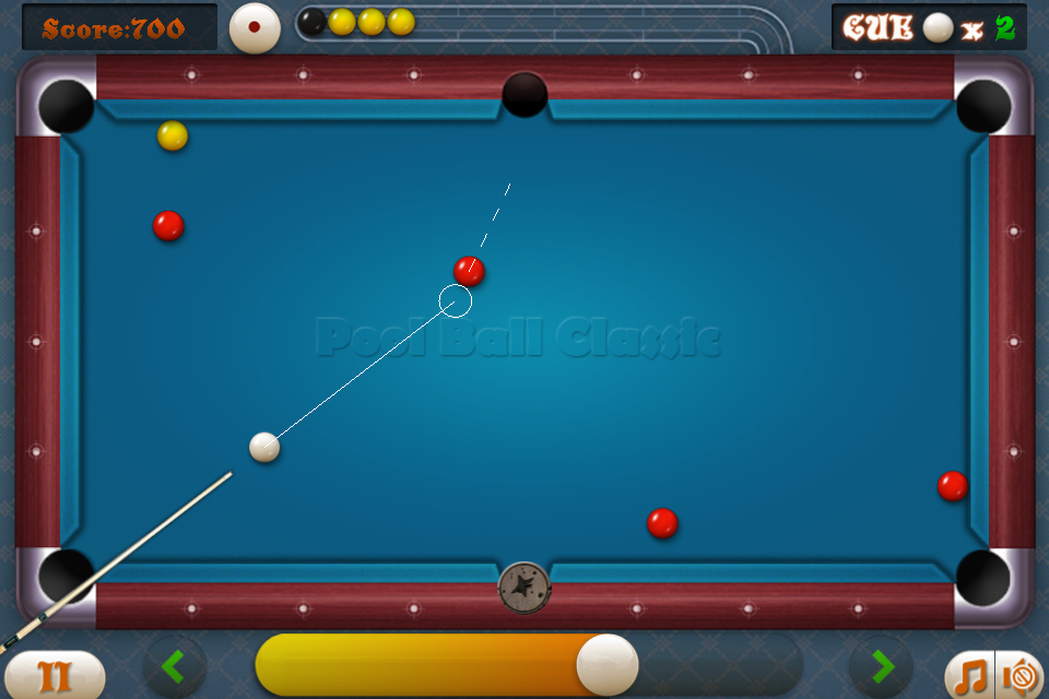 Pool Ball Classic - A digital pool table with a cue stick aiming a white ball at a red ball in the Pool Ball Classic mobile game