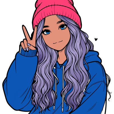 a teenage girl in a beanie, oversized sweatshirt, wavy long hair, and is showing a ✌️