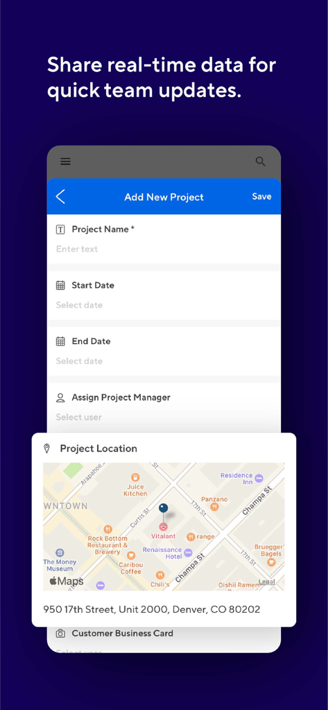 Écran de l'application mobile TrackVia montrant le formulaire d'ajout de nouveau projet avec une superposition de carte de localisation intégrée