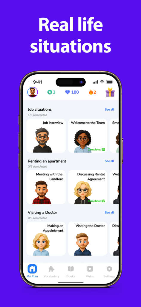 Master English - ENGO - 面接や日常生活のシナリオのレッスンが含まれた英語学習アプリインターフェイス