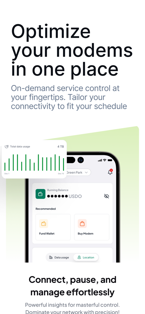 Nomad Internet Oasis Mobile App Dashboard zur Verwaltung von Internetmodems und zur Überwachung der Datennutzung