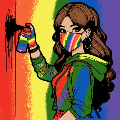 realistic girl with mask spray painting a wall