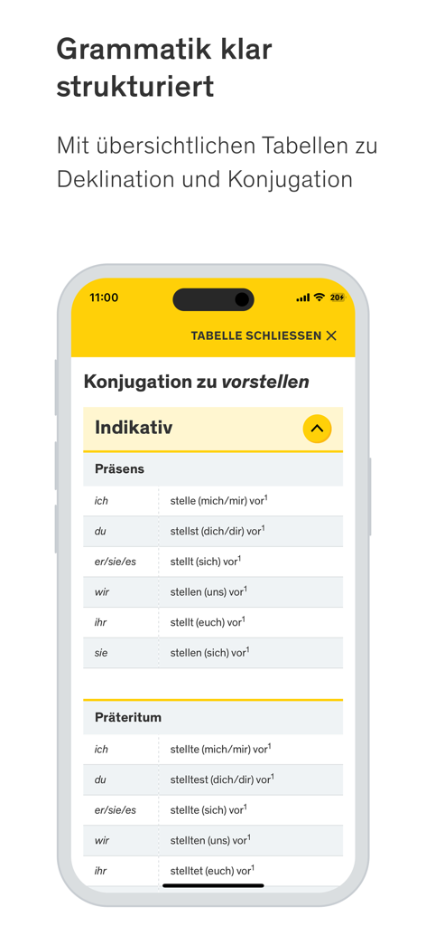 Duden app screen displaying structured German grammar tables for verb conjugation.