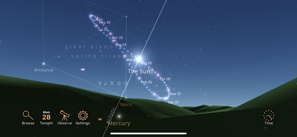 Interface of the Luminos astronomy app showing the sun path analemma and constellations in the night sky