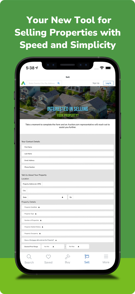 Pantalla de la aplicación Auction.com que muestra el formulario de venta de propiedades para inversores inmobiliarios.