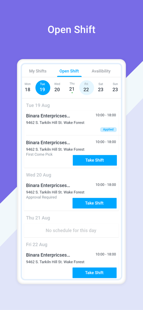 Novagems StaffApp - Novagems StaffApp screen displaying available open security guard shifts with location and time details.