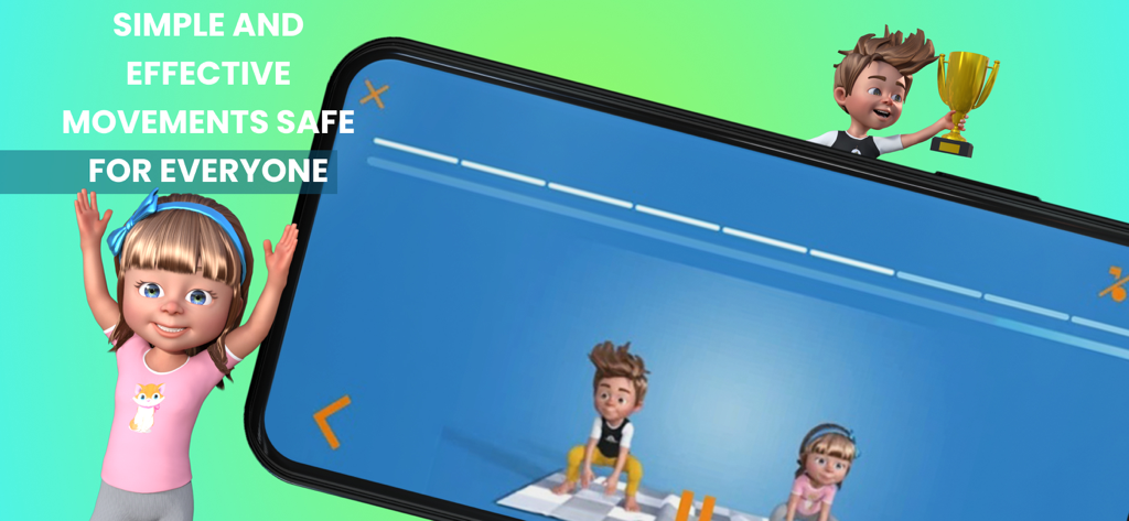 Fitness for Kids: Kids Workout - Fitness for Kids app screen showing simple and safe exercise movements for children with animated characters.
