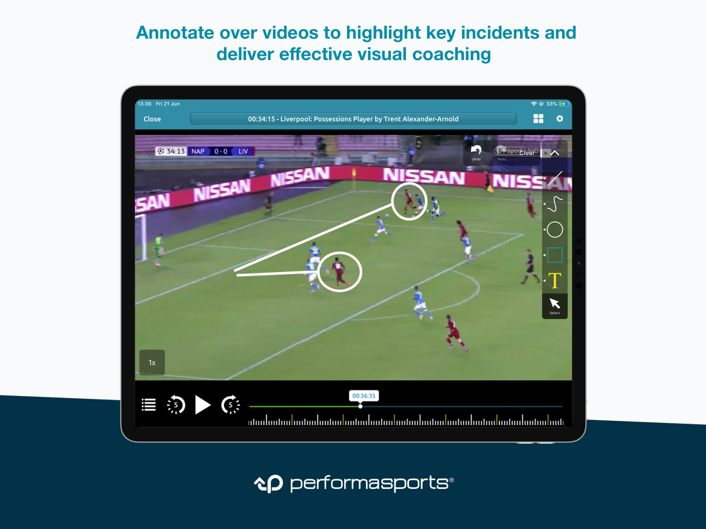 iPad showing video annotation and player highlights in the Performa Sports app