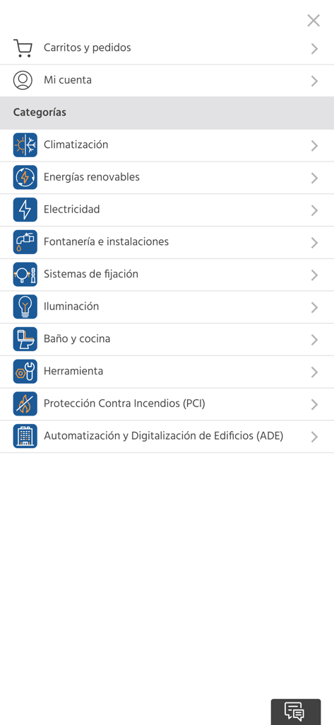 Menú de navegación de la aplicación Saltoki Online mostrando categorías profesionales como HVAC, electricidad y fontanería.