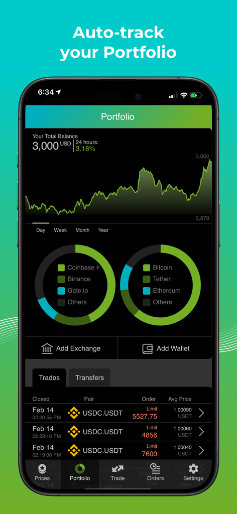 Good Crypto: Exchange Manager - Dashboard dell'app Good Crypto che mostra grafici delle prestazioni del saldo del portafoglio e la distribuzione degli asset su più exchange