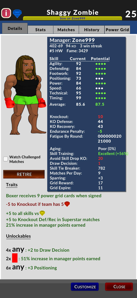 Ultimate Boxing Manager - A detailed boxer profile screen in Ultimate Boxing Manager showing various skill stats, potential ratings, and special traits for a fighter.