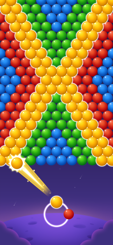 Bubble Shooter - Puzzle Games - Gameplay screen of a bubble shooter game featuring a yellow bubble being launched toward a grid of colorful bubbles forming an X shape.