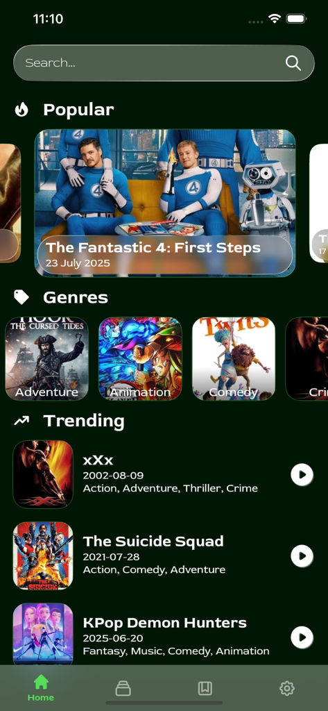 Tela inicial do aplicativo OneTV mostrando filmes populares e categorias de gênero