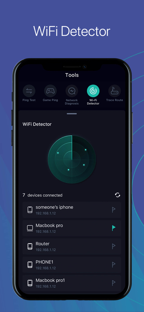 Interface of the Speed Test Master app showing the WiFi Detector tool with a radar and a list of seven connected devices.
