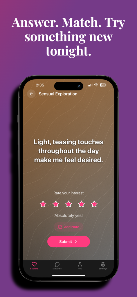 Xplore Couple Intimacy Match - Mobile screen showing a couples intimacy quiz with a question about physical affection and a five star rating system