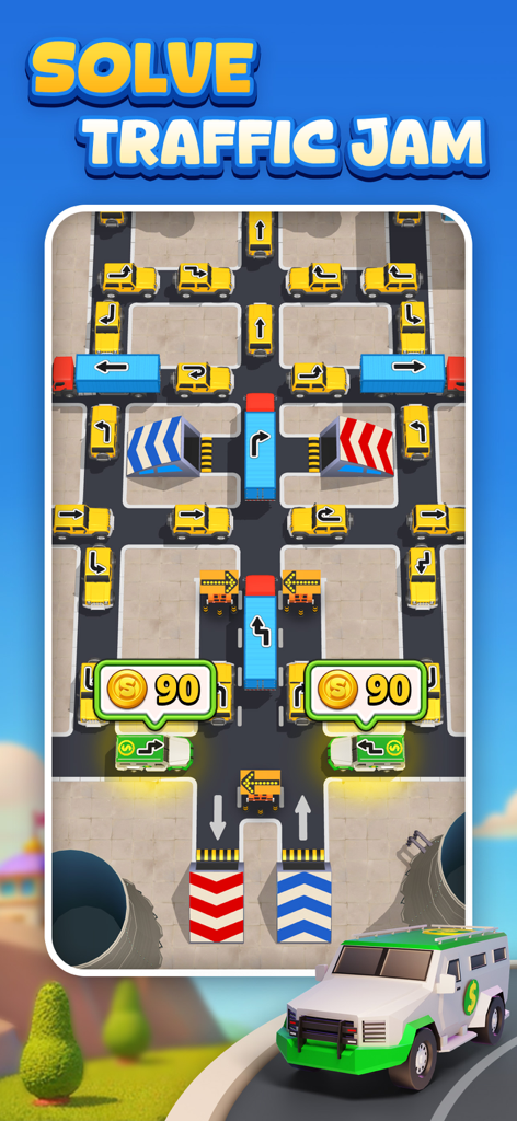 A top down view of a 3D traffic jam puzzle game with yellow cars and blue trucks on a city grid