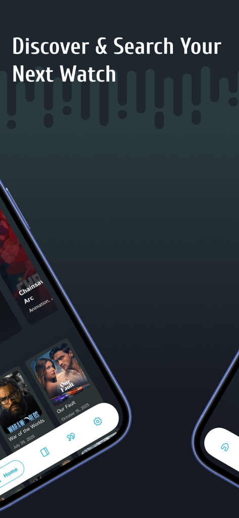 Mobile app interface for discovering and searching movies with posters and a dark aesthetic.