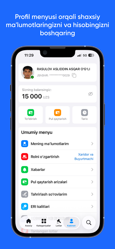 e-auksion - A tela de perfil do usuário do aplicativo e-auksion mostrando o saldo da conta e opções de gerenciamento.