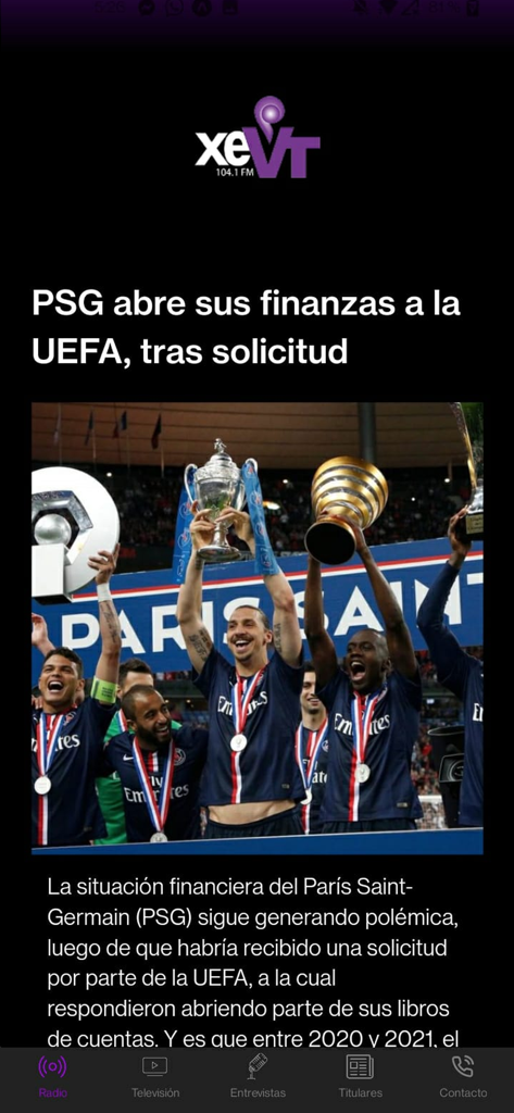 Captura de pantalla de la aplicación Xevt telereportaje mostrando un artículo de noticias deportivas sobre el PSG abriendo sus finanzas a la UEFA