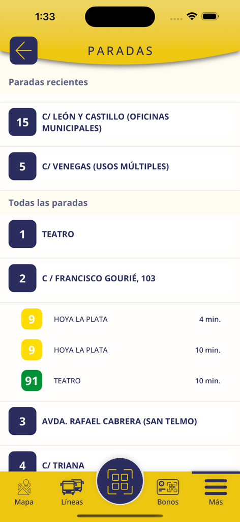 GuaguasLPA - Interfaz de la aplicación GuaguasLPA mostrando paradas de autobús e información de llegadas en tiempo real.