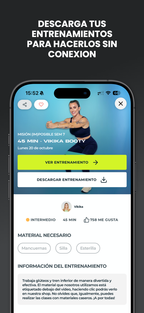 Pantalla de la app Entrena Virtual mostrando un entrenamiento de Vikika Costa con una opción para descargar para uso sin conexión.