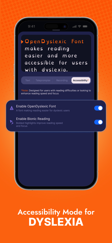 Teleprompter Video Script Pro - Teleprompter app interface showing accessibility features for dyslexia including OpenDyslexic font and Bionic Reading.