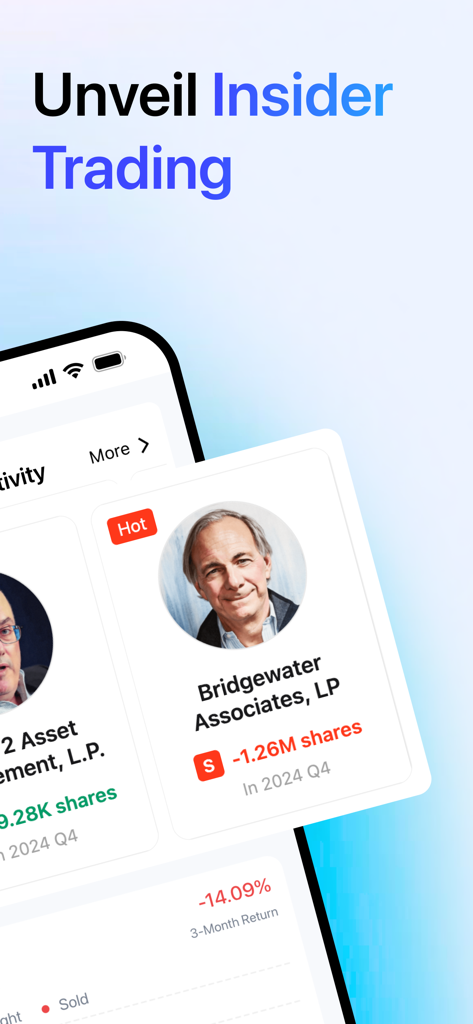 Penny Stocks Screener: Screens - Interface showing insider trading activity for major institutional investors like Bridgewater Associates
