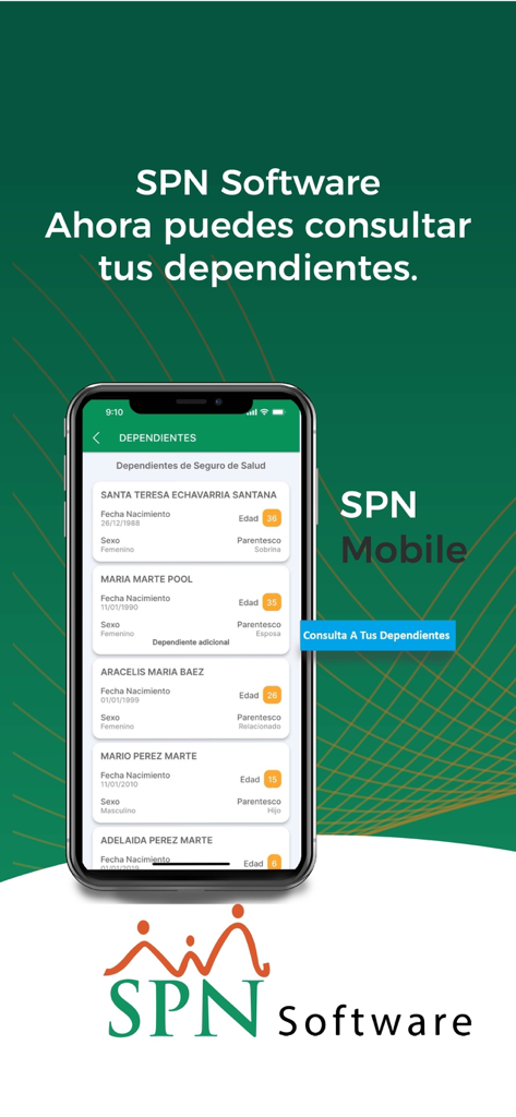 SPN Software mobile app interface showing a list of employee dependents for benefits management