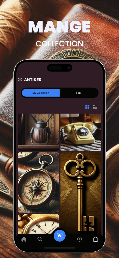 Antiker app screen showing a managed collection of identified vintage items like a rotary phone, compass, and key
