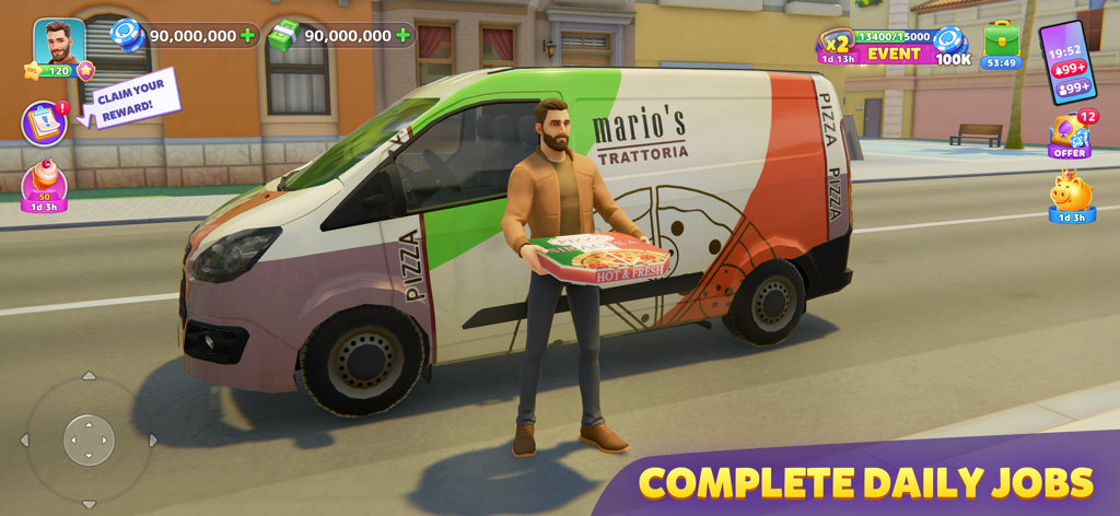 A character holding a pizza box in front of a delivery van in Sunday City Life Simulator