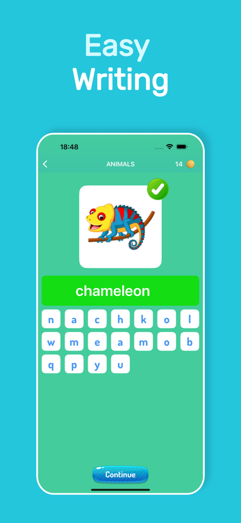 Lingo Speak: Learn English ABC - Un ejercicio de ortografía en la aplicación Lingo Speak con un camaleón colorido y un teclado con abecedario