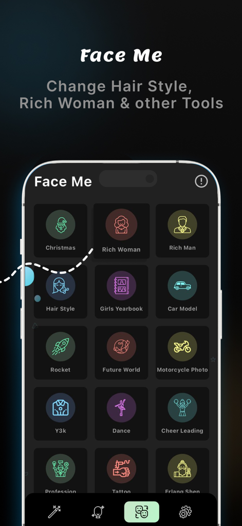 A mobile app interface displaying various AI face transformation tools and filters