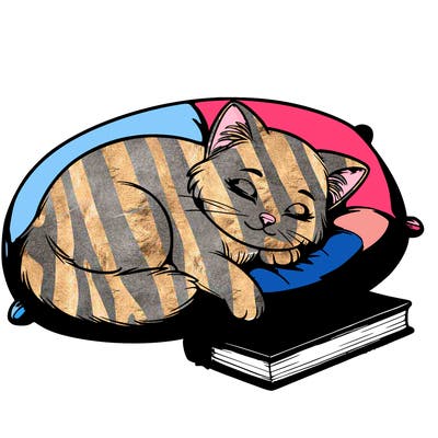 a realistic sleeping white cat with blue eyes sleeping on a pink pillow by a book