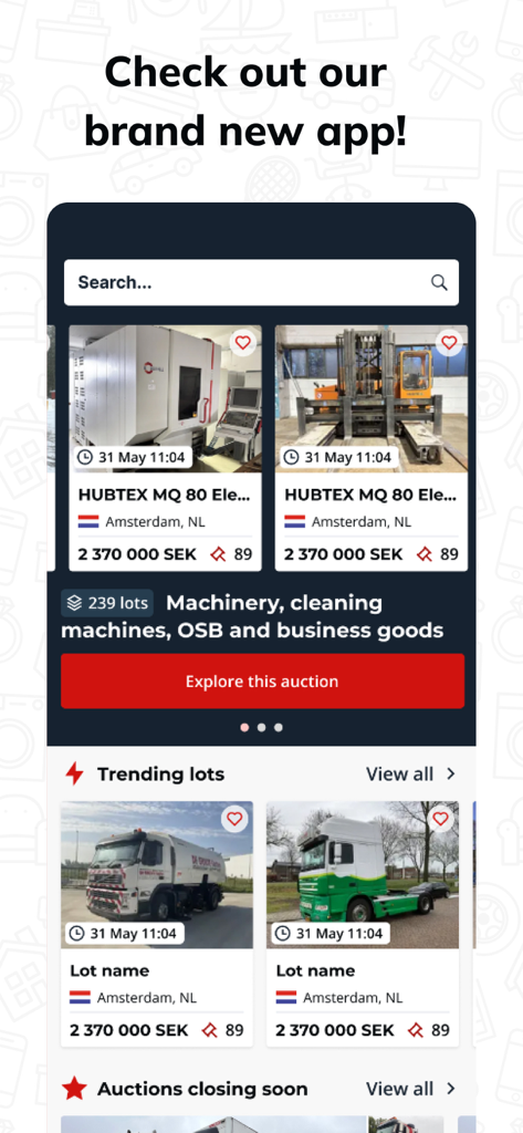 Schermata principale dell'app Aste Surplex che mostra macchinari industriali usati e lotti d'asta in tendenza.