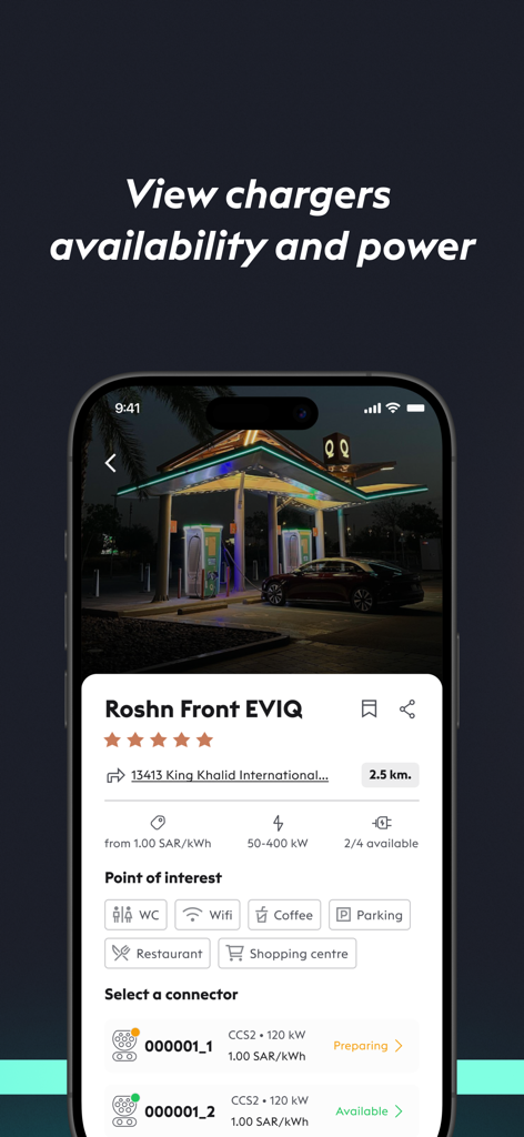 EVIQ: EV Charging Network - EVIQ app screenshot showing real-time EV charging station availability, power levels, and onsite amenities like coffee and wifi.