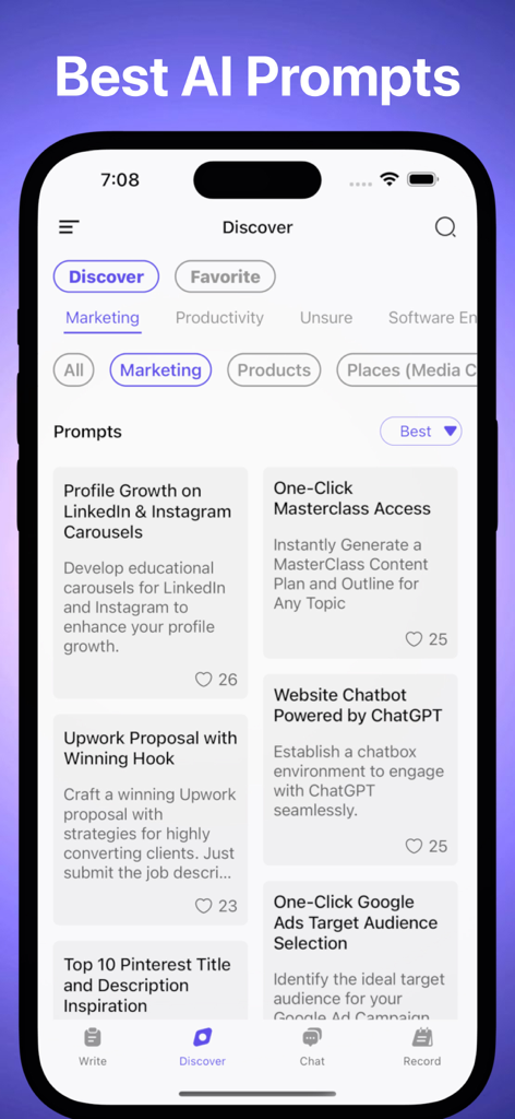 AI Sonic - Chat & Write Bot - Pantalla de descubrimiento de la aplicación AI Sonic que muestra varias plantillas de indicaciones de escritura para marketing y productividad