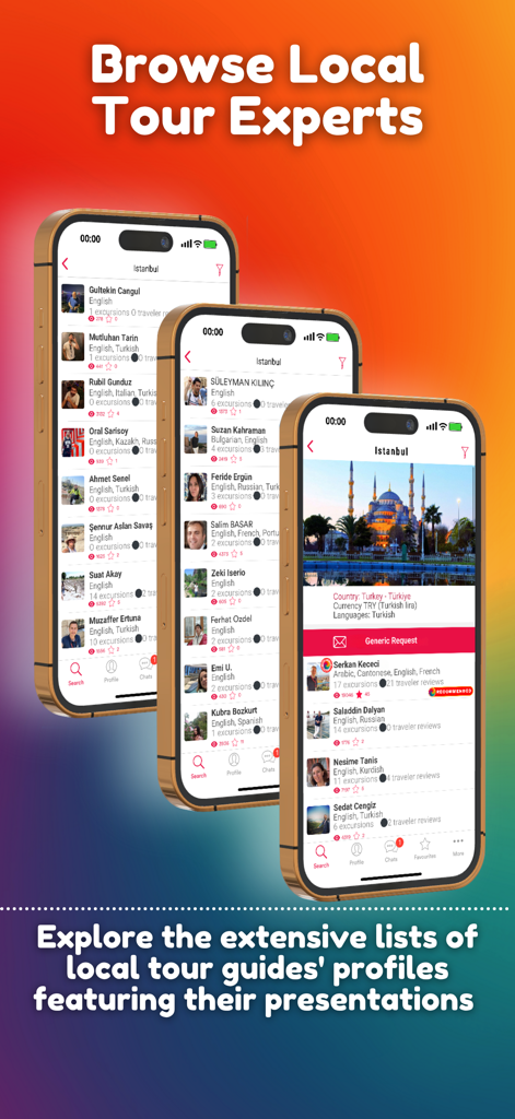 Private Guide World - Mobile app interface showing a list of professional local tour guides in Istanbul with their profiles and languages spoken
