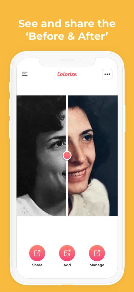 Before and after comparison of a colorized vintage photo in the Colorize app