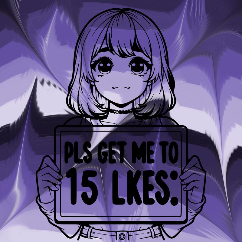 realistic girl holding up a sign that says “pls get me to 15 likes!”