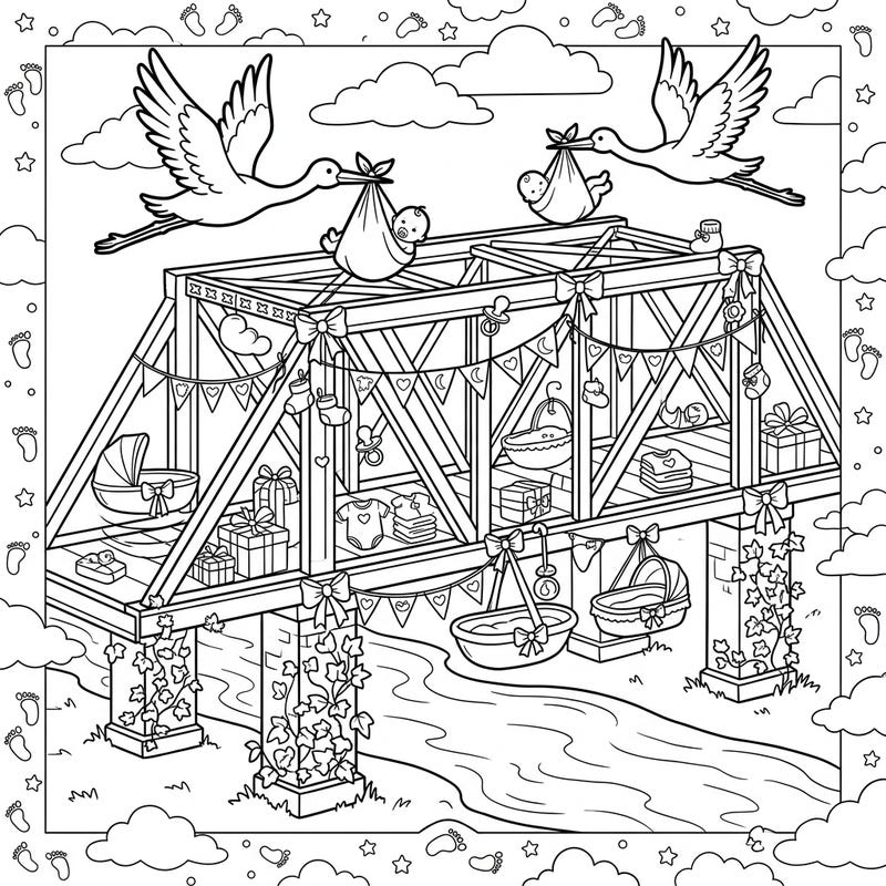 Welcome new life with this adorable baby shower coloring page featuring a beautifully decorated beam bridge. Watch storks deliver precious bundles amidst gifts and baby essentials, perfect for a heartwarming coloring experience.