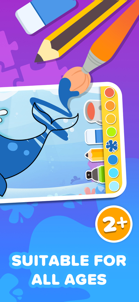 Puzzles & Colors: Kids Games - Interfaz de colorear de la aplicación Puzzles y Colores mostrando la cola de una ballena y herramientas de arte digital para niños.