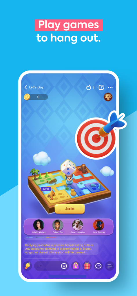 Mobile app screenshot showing a 3D Ludo board game interface with user avatars and a join button for social gaming.