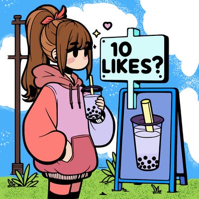 girl with oversized hoodie drinking boba and she has a high ponytail with a sign that says 10likes?