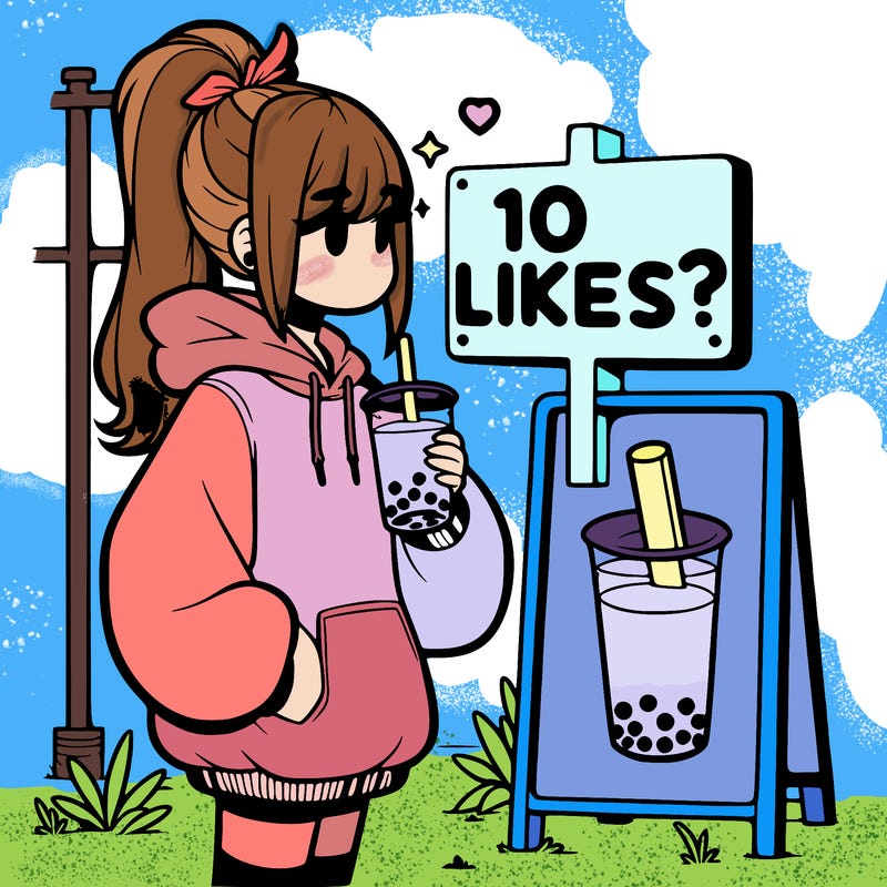girl with oversized hoodie drinking boba and she has a high ponytail with a sign that says 10likes?