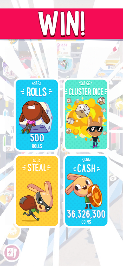 A win screen in Board Kings displaying cards for extra rolls cluster dice stealing and cash