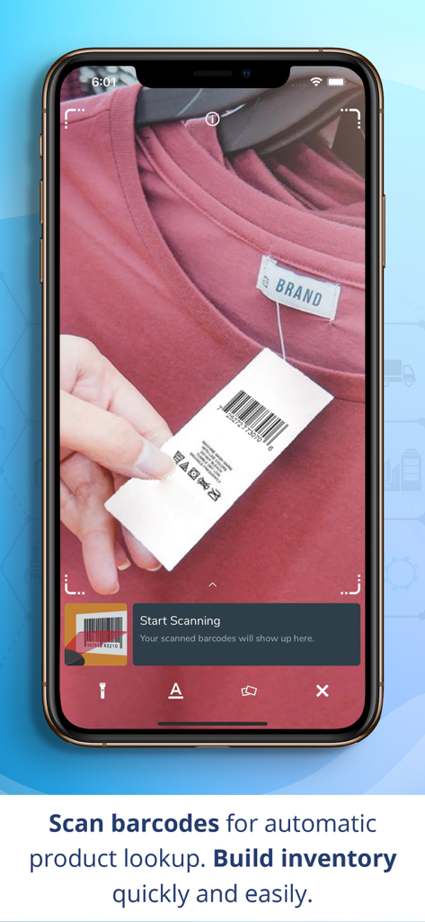 Escaneando un código de barras de ropa con la aplicación de inventario Nest Egg en un iPhone